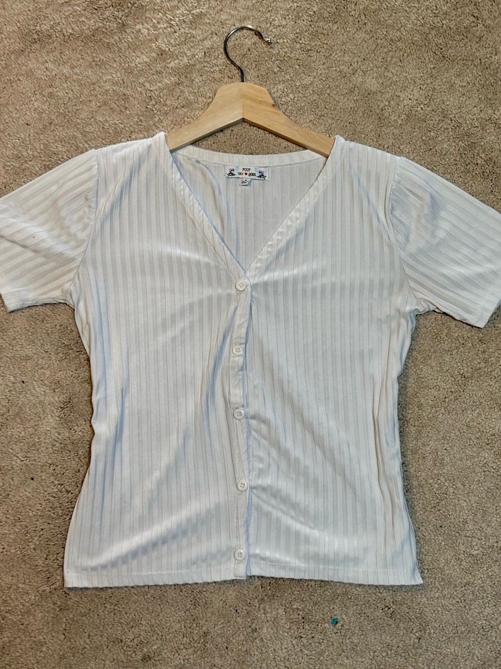 White Vertical-Stripe Button-Down V-Neck Top